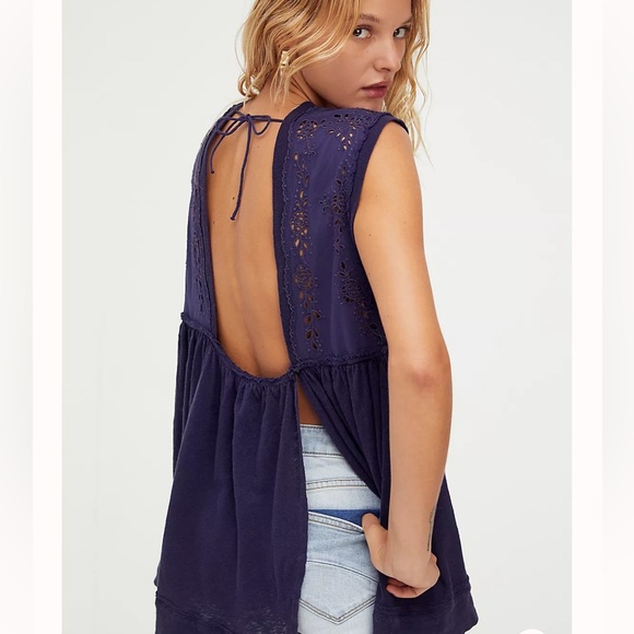 Free People Bella Babydoll Tank Top Navy Blue Tie back Woman Large New XS - Picture 2 of 11